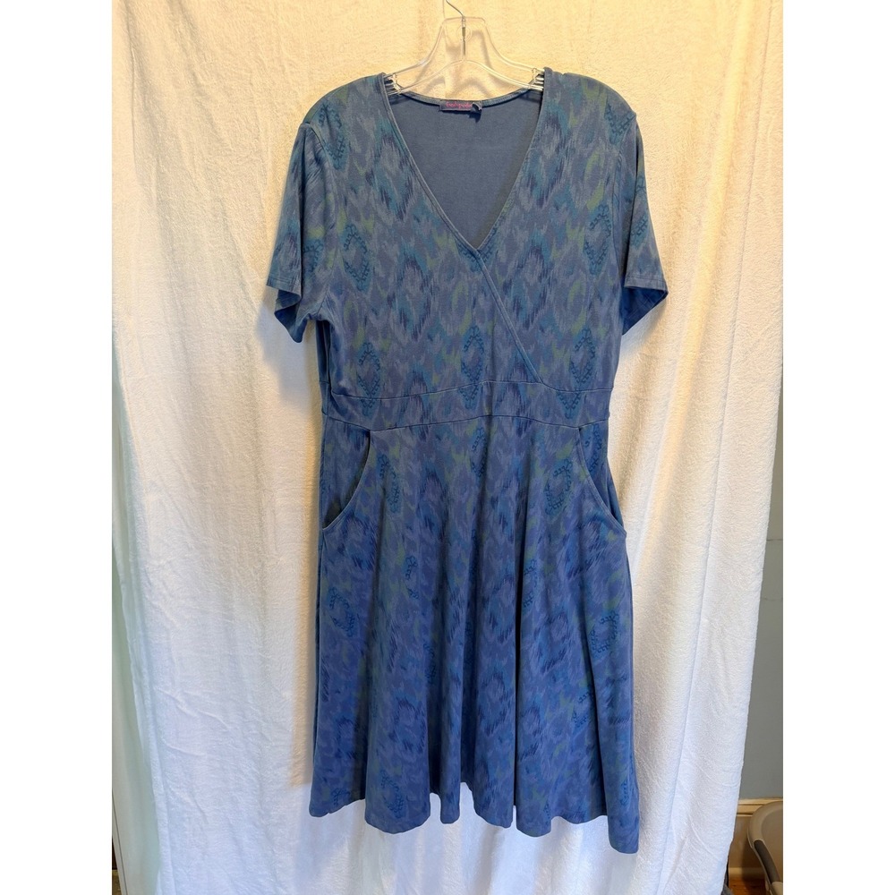 Fresh Produce Dress XL Blue Ikat Diamond Print Faux Wrap V-Neck Pockets USA